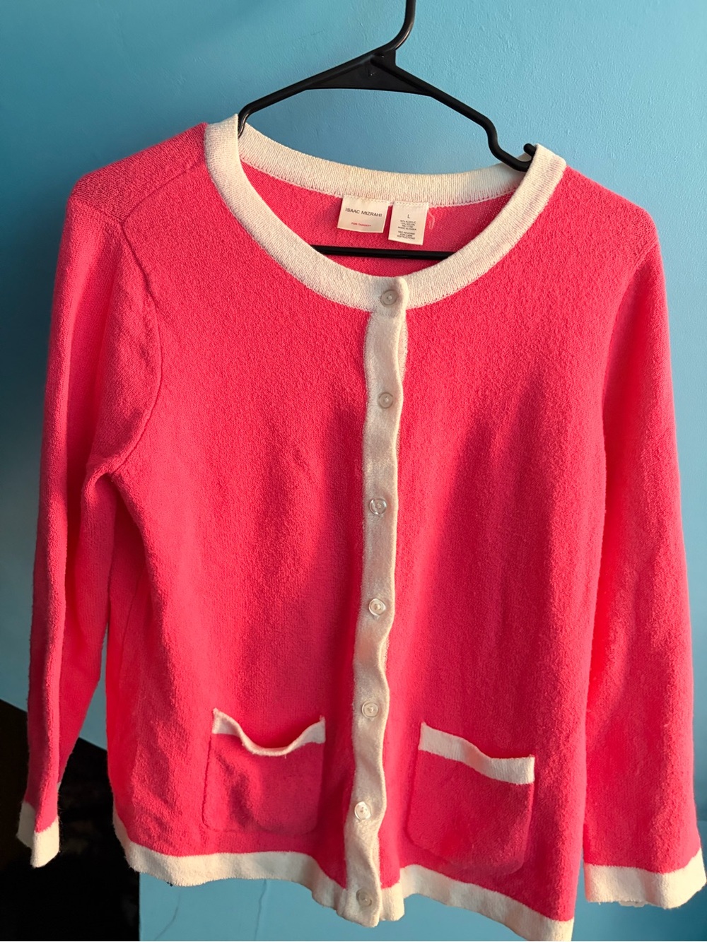Isaac Mizrahi Bright Pink Cardigan with Cream Trim